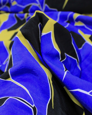 Tecido Viscose Mista com Poliamida Tapete Floral Abstrato Preto, Amarelo e Azul