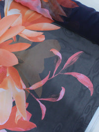 Tecido Crepe Chiffon Italiano Maxi Flores Tons Quentes e Azul Marinho