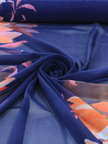 Tecido Crepe Chiffon Italiano Maxi Flores Tons Quentes e Azul Marinho