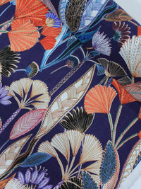 Tecido Linho Misto Italiano Flores Coloridas e Azul Marinho