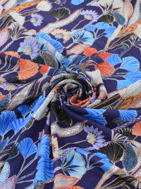 Tecido Linho Misto Italiano Flores Coloridas e Azul Marinho
