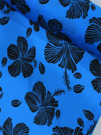 Tecido Crepe Chiffon Italiano Texturizado Flores Azul e Preto
