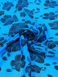 Tecido Crepe Chiffon Italiano Texturizado Flores Azul e Preto