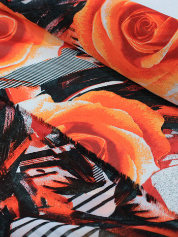 Tecido Crepe Chiffon Italiano Macro Floral Laranja