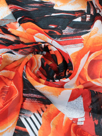 Tecido Crepe Chiffon Italiano Macro Floral Laranja