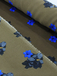 Tecido Crepe Italiano Flores Azul e Marrom