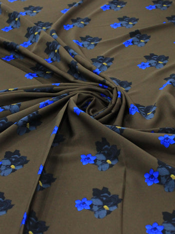 Tecido Crepe Italiano Flores Azul e Marrom