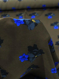 Tecido Crepe Italiano Flores Azul e Marrom
