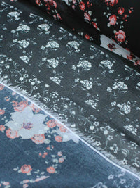 Tecido Crepe Chiffon Italiano Micro Floral Barrado Vermelho e Preto