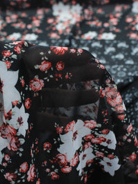 Tecido Crepe Chiffon Italiano Micro Floral Barrado Vermelho e Preto