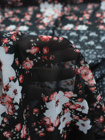 Tecido Crepe Chiffon Italiano Micro Floral Barrado Vermelho e Preto