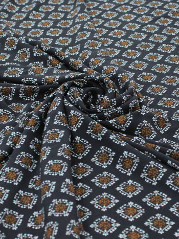 Tecido Viscose Italiano Micro Simbolos Tons Terrosos e Preto