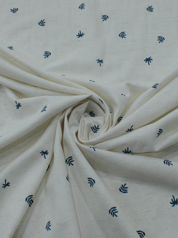 Tecido Linho Misto Camisaria Micro Folha Azul e Cru