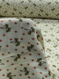 Tecido Viscose Texturizada Coqueiros e Estrelas Marrom Verde e Amarelo Claro