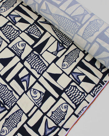 Tecido Viscose Premium Sardine Geométrico Irregular Azul Marinho Noite e Offwhite