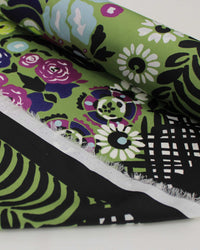 Tecido Crepe Silk Italiano Barrado Floral e Artes Abstratas Colorido e Verde