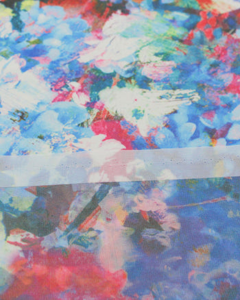 Tecido Crepe Chiffon Italiano Pinturas Abstratas Azul e Vermelho