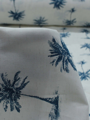 Tecido Linho Misto Camisaria Coqueiros Azul e Cru
