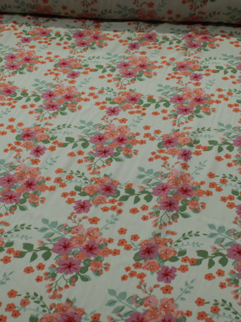 Tecido Viscose Estampa Floral Rosa Laranja e Bege