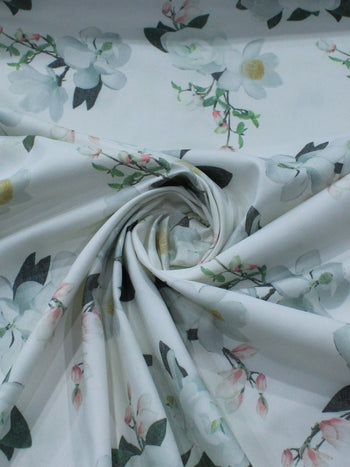 Tecido Sarja Mista com Elastano Flores Brancas e Branco