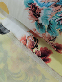 Tecido Viscose Barrados Florais Lilás e Amarelo Manteiga