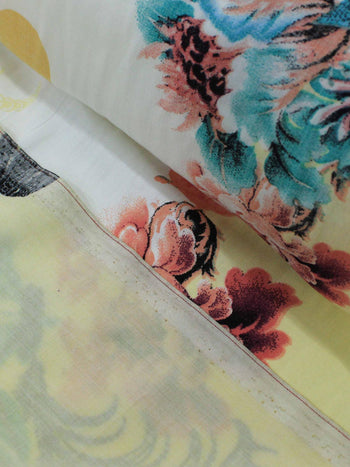 Tecido Viscose Barrados Florais Lilás e Amarelo Manteiga