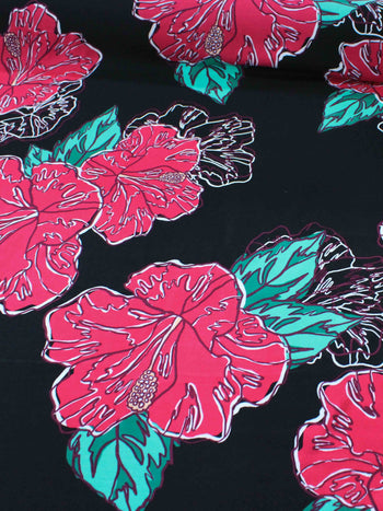 Tecido Viscose Macro Flores Pink e Preto