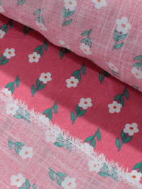 Tecido Viscose Texturizada Flores Verde Branco e Rosa