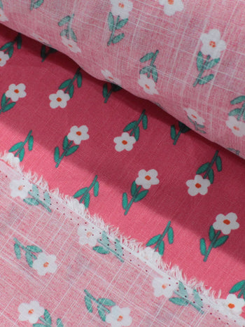 Tecido Viscose Texturizada Flores Verde Branco e Rosa