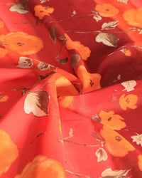 Tecido Crepe Chiffon Italiano Barrado Vertical e Flores Laranja e Tons Quentes