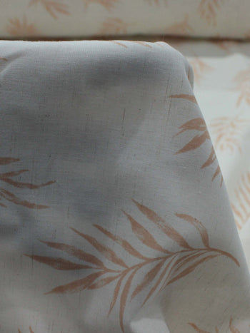 Tecido Linho Misto Camisaria Folhagens Coral e Cru