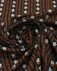 Tecido Viscose Flores Barradas Preto Branco e Ferrugem