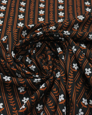 Tecido Viscose Flores Barradas Preto Branco e Ferrugem