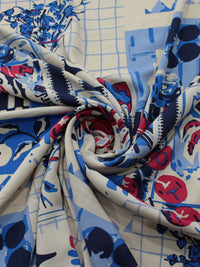 Tecido Viscose Estampa Bistrô Mediterrâneo Tons de Azul e Creme