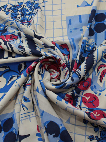 Tecido Viscose Estampa Bistrô Mediterrâneo Tons de Azul e Creme