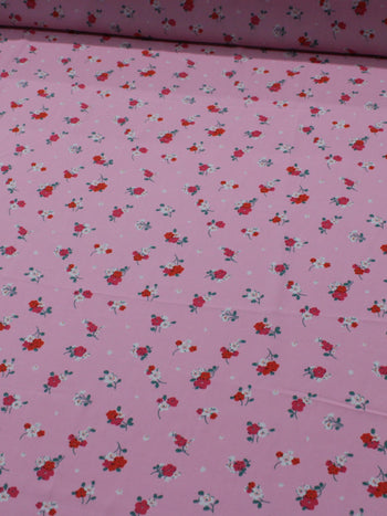 Tecido Viscose Micro Flores Vermelho Branco e Rosa Iogurte