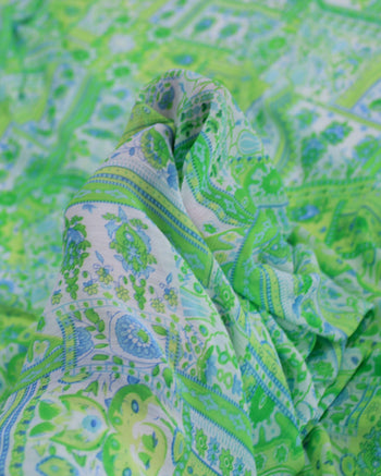Tecido Crepe Chiffon Texturizado Multi Estampas Azul e Tons de Verde