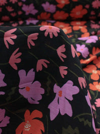 Tecido Viscose Texturizada Estampa Flores Rosa Laranja e Preto