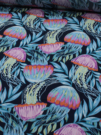 Tecido Viscose Texturizada Estampa Água-viva Rosa Azul e Preto