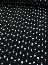 Tecido Viscose Texturizada Flores Verde Branco e Preto