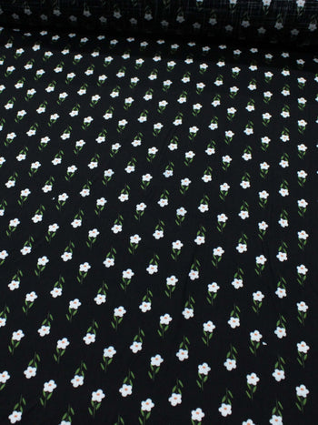 Tecido Viscose Texturizada Flores Verde Branco e Preto
