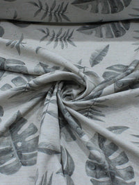 Tecido Linho Misto Textura Flamê Estampa Folhas B/P e Cru