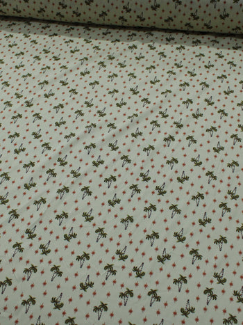 Tecido Viscose Texturizada Coqueiros e Estrelas Marrom Verde e Amarelo Claro