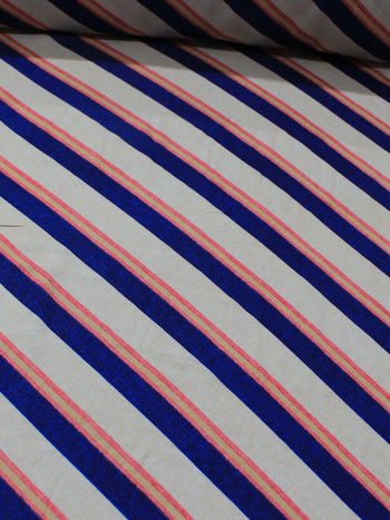 Tecido Viscose Listras Diagonais Vermelho Azul e Bege