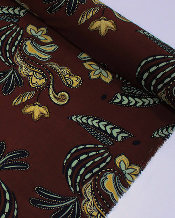 Tecido Viscose Figuras Abstratas Amarelo, Verde Menta e Marrom