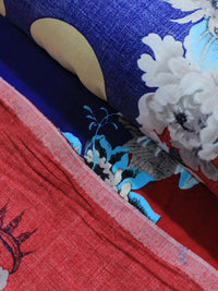 Tecido Viscose Barrado e Flores Azul e Vermelho
