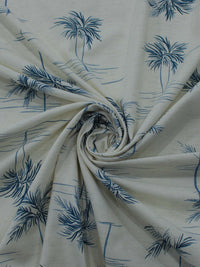 Tecido Linho Misto Camisaria Folhagens e Paisagem Azul e Cru