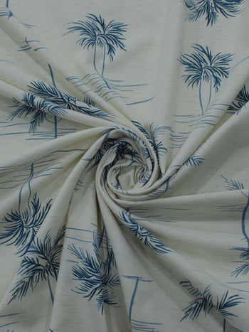 Tecido Linho Misto Camisaria Folhagens e Paisagem Azul e Cru