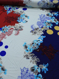 Tecido Viscose Barrado e Flores Azul e Vermelho