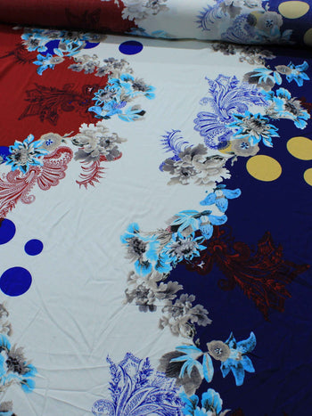 Tecido Viscose Barrado e Flores Azul e Vermelho